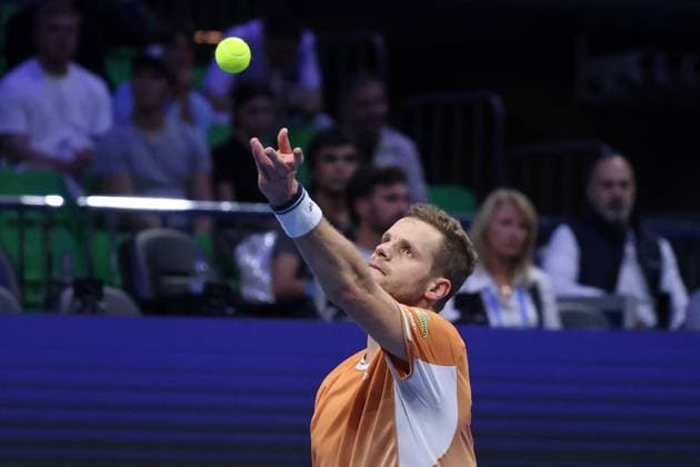 ATP, Tennis Herren 250 tournament in Athens ATHENS, GREECE - NOVEMBER 7: Yannick Hanfmann of Germany in action against Novak Djokovic (not seen) of Serbia during the Hellenic Championship ATP 250 semifinal tennis match, at OAKA Olympic Athletic Center in Athens, Greece on November 7, 2025. Costas Baltas Anadolu Athens Greece. Editorial use only. Please get in touch for any other usage.  Copyright: x2025xAnadoluxCostasxBaltasx