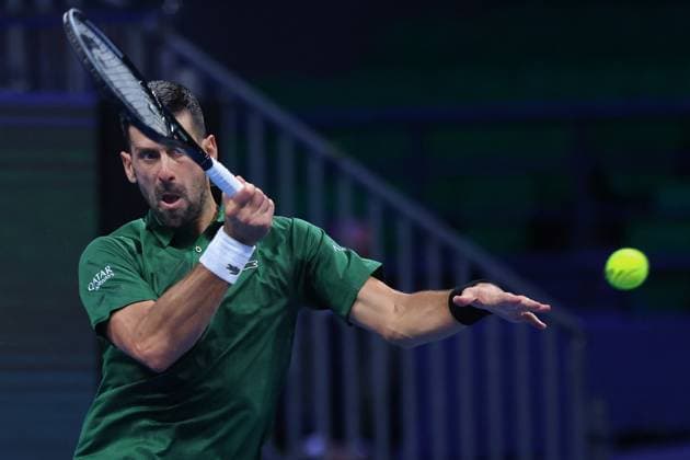 ATP, Tennis Herren 250 tournament in Athens ATHENS, GREECE - NOVEMBER 7: Novak Djokovic of Serbia in action against Yannick Hanfmann (not seen) of Germany during the Hellenic Championship ATP 250 semifinal tennis match, at OAKA Olympic Athletic Center in Athens, Greece on November 7, 2025. Costas Baltas Anadolu Athens Greece. Editorial use only. Please get in touch for any other usage.  Copyright: x2025xAnadoluxCostasxBaltasx