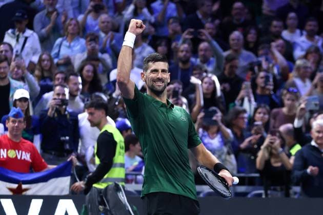 ATP, Tennis Herren 250 tournament in Athens ATHENS, GREECE - NOVEMBER 7: Novak Djokovic of Serbia gestures as he celebrates after winning against Yannick Hanfmann (not seen) of Germany during the Hellenic Championship ATP 250 semifinal tennis match, at OAKA Olympic Athletic Center in Athens, Greece on November 7, 2025. Costas Baltas Anadolu Athens Greece. Editorial use only. Please get in touch for any other usage.  Copyright: x2025xAnadoluxCostasxBaltasx