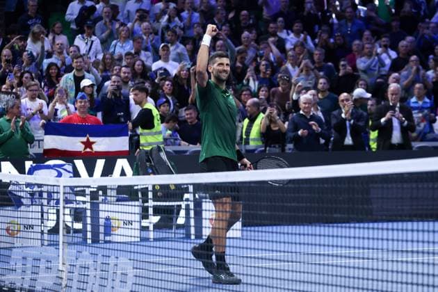 ATP, Tennis Herren 250 tournament in Athens ATHENS, GREECE - NOVEMBER 7: Novak Djokovic of Serbia gestures as he celebrates after winning against Yannick Hanfmann (not seen) of Germany during the Hellenic Championship ATP 250 semifinal tennis match, at OAKA Olympic Athletic Center in Athens, Greece on November 7, 2025. Costas Baltas Anadolu Athens Greece. Editorial use only. Please get in touch for any other usage.  Copyright: x2025xAnadoluxCostasxBaltasx