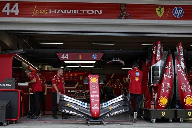 6th November 2925; Sao Paulo, Brazil; Mechanics prepare the car of Lewis Hamilton (GBR) Scuderia Ferrari SF-25 in the Paddock ahead of the F1 Grand Prix of Brazil at Autodromo Jose Carlos Pace during free practice sessions  HeulerxAndrey