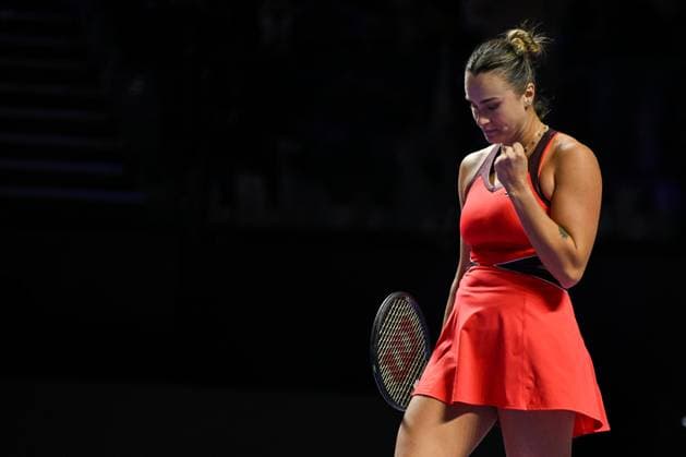 WTA, Tennis Damen Finals 2025 - Day Seven RIYADH, SAUDI ARABIA NOVEMBER 7: Aryna Sabalenka celebrates after winning against Amanda Anisimova of the United States during their semifinal match on Day 7 of the 2025 WTA Finals, part of the Hologic WTA Tour, at King Saud University Indoor Arena in Riyadh, Saudi Arabia, on November 7, 2025. Riyadh Saudi Arabia  Copyright: xSTRx originalFilename:str-wtafinal251107_npBKH.jpg