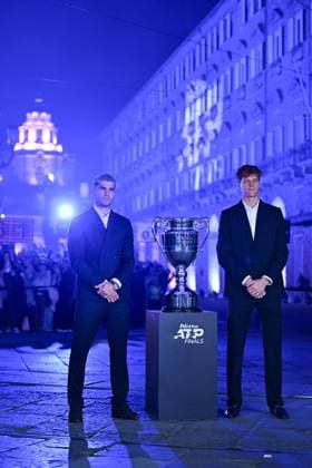 Carlos Alcaraz and Jannik Sinner at 2025 Nitto ATP, Tennis Herren Finals in Torino Carlos Alcaraz (ESP) with Jannik Sinner (ITA) during media day at the 2025 Nitto ATP Finals in Torino, ITALY, on November 7, 2025. Photo by Corinne Dubreuil ABACAPRESS.COM TORINO  Copyright: xDubreuilxCorinne ABACAx