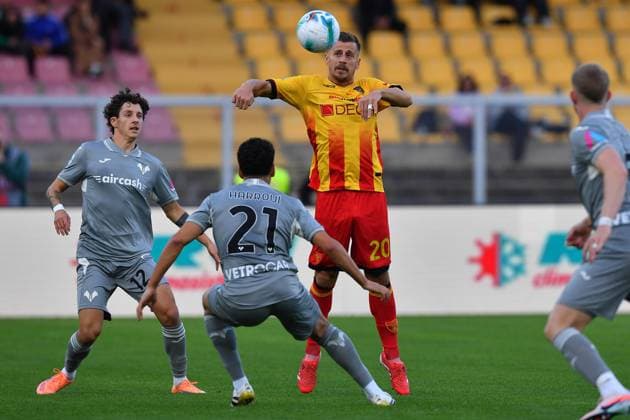 Lecce s Defensive midfielder Ylber Ramadani (20 US Lecce) and Verona™s Attacking Midfielder Abdou Harroui (21 Hellas Verona FC) in action during the Serie A Enilive soccer matchday 11 between US Lecce and Hellas Verona FC at the Via del Mare Stadium in Lecce, Italy, Saturday, November 8, 2025. (Credit Image: Giovanni Evangelista LaPresse)  Copyright: xGiovannixEvangelista LaPressex