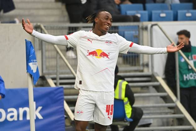 Torjubel Yan Diomande (L) ach Tor zum 0-1,Aktion, Jubel,Freude,Begeisterung,. Fussball 1. Bundesliga Saison 2025 2026, 10.Spieltag, Spieltag10 TSG 1899 Hoffenheim - RB Leipzig am 08.11.2025 PreZero ARENA.