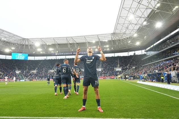 GER, 1.FBL, TSG Hoffenheim vs RB Leibzig 08.11.2025, PreZero Arena, Sinsheim, GER, 1.FBL, TSG Hoffenheim vs RB Leibzig , im Bild Tim Lemperle (Hoffenheim) freut sich über das Tor zum 2:1. DFL regulations prohibit any use of photographs as image sequences and or quasi-video.