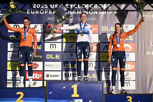 Dutch Lucinda Brand, Dutch Inge van der Heijden and Dutch Aniek Van Alphen celebrate on the podium after the elite women race at the UEC Cyclocross European Championships, Saturday 08 November 2025, in Middelkerke. JASPERxJACOBS  x140197657x