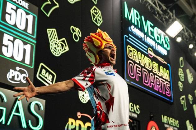 8th November 2025, WV Active Aldersley, Wolverhampton, Midlands, England; 2025 PDC Mr. Vegas Grand Slam of Darts; Damon Heta dances on stage before his first round match against Martin Lukeman  GodfreyxPitt