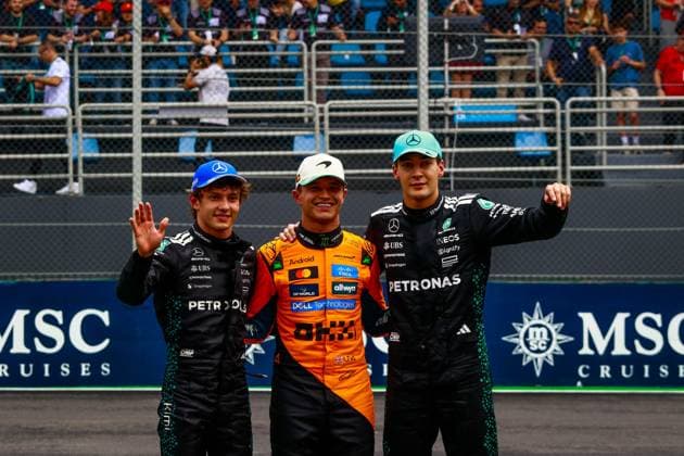 Corrida Sprint e Classificação GP Brasil SaO PAULO, SP - 08.11.2025: CORRIDA SPRINT E CLASSIFICAcaO GP BRASIL - Qualifying for the Sprint race this Friday (07) for the MSC Cruises Formula 1 Brazilian Grand Prix, in Sao Paulo, which will take place this weekend at the JosÃ Carlos Pace racetrack in Interlagos, south of the capital. In the photo, Mercedes-AMG Petronas F1 Team driver, Andrea Kimi Antonelli, Lando Norris and George Russel. (Photo: Aloisio Mauricio Fotoarena) x2838164x  AloisioxMauricio
