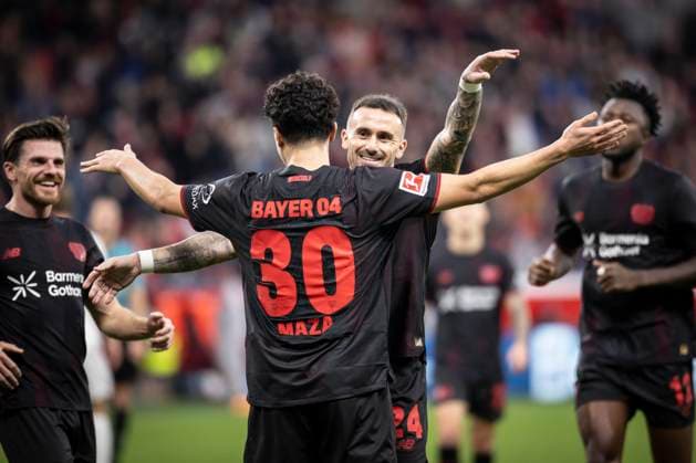 LEVERKUSEN, GERMANY - NOVEMBER 8: Ibrahim Maza (Bayer 04 Leverkusen, 30) scores the 5:o and celebrates with Aleix Garcia (Bayer 04 Leverkusen, 24) during the Bundesliga match (gameday 10) between Bayer 04 Leverkusen vs. 1. FC Heidenheim at BayArena on November 8, 2025 in Leverkusen, Germany. (Photo by Axel Kohring Beautiful Sports) DFL REGULATIONS PROHIBIT ANY USE OF PHOTOGRAPHS AS IMAGE SEQUENCES AND OR QUASI-VIDEO. Nordrhein-Westfalen Germany Copyright: xBEAUTIFULxSPORTS AxelxKohringx