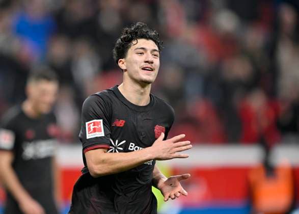 Jubel Ibrahim Maza (Bayer Leverkusen) nach seinem Tor zum 5:0 Fussball 1. Bundesliga,10.Spieltag, Bayer 04 Leverkusen - 1. FC Heidenheim, am 08.11.2025 in Leverkusen Deutschland. DFL regulations prohibit any use of photographs as image sequences and or quasi-video Â
