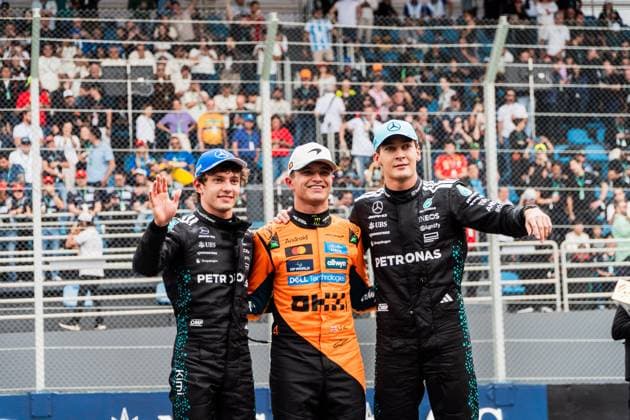 Formula?1?MSC?Cruises?Grande?Prêmio?de?São?Paulo?2025 Gabriela Testa OVERTAKE MAXPPP - São?Paulo 08 11 2025 12 ANTONELLI Andrea Kimi (ita), Mercedes-AMG PETRONAS F1 Team, 04 NORRIS Lando (gbr), McLaren F1 Team, and 63 RUSSELL George (gbr), Mercedes-AMG PETRONAS F1 Team, portrait first, second and third place at the sprint race during the Formula 1 MSC Cruises Grande Prêmio de São Paulo 2025, the 21st round of the 2025 FIA Formula 1 World Championship, WM, Weltmeisterschaft at the Autódromo José Carlos Pace in São Paulo, interlaces, Brazil, from 6 to 9 November 2025 São?Paulo Autódromo José?Carlos?Pace, Interlagos Brazil Copyright: xOVERTAKE MAXPPPxGabrielaxTestax OVT202511085764 OVT202511085764