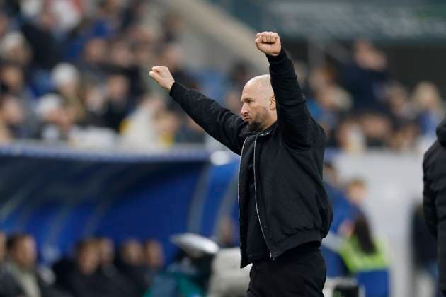 v.l.n.r.: Trainer Christian Ilzer (TSG 1899 Hoffenheim) Jubel, freude, freuen, jubelnd, bejubelt, jubelt, jubeln, Jubilation, joy, rejoice, jubilant, cheered, rejoices, rejoice nach dem Sieg gegen Leipzig, 08.11.2025, Fussball, Bundesliga, TSG Hoffenheim - RB Leipzig, GER, Sinnsheim, PreZero Arena, DFL REGULATIONS PROHIBIT ANY USE OF PHOTOGRAPHS AS IMAGE SEQUENCES AND OR QUASI-VIDEO. Copyright: HMBxMedia xHeikoxBecker