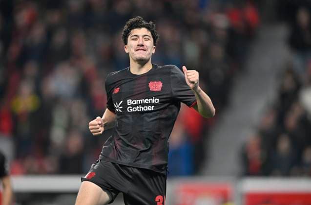 Jubel Ibrahim Maza (Bayer Leverkusen) nach seinem Tor zum 6:0, Fussball 1. Bundesliga,10.Spieltag, Bayer 04 Leverkusen - 1. FC Heidenheim, am 08.11.2025 in Leverkusen Deutschland. DFL regulations prohibit any use of photographs as image sequences and or quasi-video Â