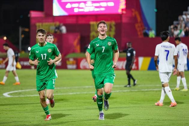 2025 FIFA Under 17 World Cup Group J, Aspire Zone Pitch 9, Doha, Qatar 8 11 2025 Republic of Ireland vs Uzbekistan Ireland™s Grady McDonnell celebrates after he scores his sides 1st goal of the match Grady McDonnell celebrates after he scores his sides 1st goal of the match 8 11 2025  Copyright: x INPHOx IMG_5826