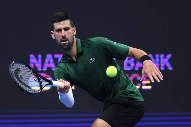 Novak Djokovic vs Yannick Hanfmann - ATP, Tennis Herren 250 tournament ATHENS, GREECE - NOVEMBER 8: Novak Djokovic of Serbia in action against Lorenzo Musetti (not seen) of Italy during the Hellenic Championship ATP 250 final tennis match, at OAKA Olympic Athletic Center in Athens, Greece, on November 8, 2025. Costas Baltas Anadolu Athens Greece. Editorial use only. Please get in touch for any other usage.  Copyright: x2025xAnadoluxCostasxBaltasx
