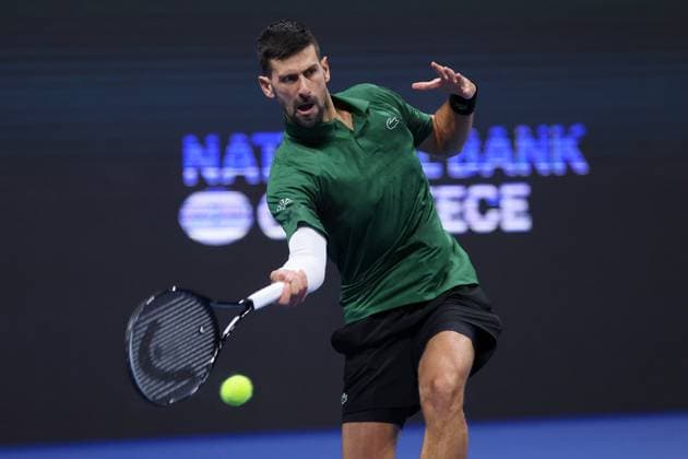 Novak Djokovic vs Yannick Hanfmann - ATP, Tennis Herren 250 tournament ATHENS, GREECE - NOVEMBER 8: Novak Djokovic of Serbia in action against Lorenzo Musetti (not seen) of Italy during the Hellenic Championship ATP 250 final tennis match, at OAKA Olympic Athletic Center in Athens, Greece, on November 8, 2025. Costas Baltas Anadolu Athens Greece. Editorial use only. Please get in touch for any other usage.  Copyright: x2025xAnadoluxCostasxBaltasx