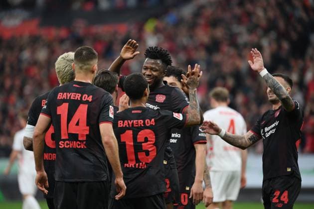 Jubel Leverkusenv.li., Patrik Schick (Bayer 04 Leverkusen), Jonas Hofmann (Bayer 04 Leverkusen), Arthur (Bayer 04 Leverkusen), Edmond Tapsoba (Bayer 04 Leverkusen), Aleix Garcia (Bayer 04 Leverkusen) 08.11.2025, Fussball 1. Bundesliga, Saison 2025 2026, 10. Spieltag, Bayer 04 Leverkusen - 1. FC Heidenheim 6:0 DFL regulations prohibit any use of photographs as image sequences and or quasi-video Leverkusen BayArena Nordrhein Westfalen Deutschland