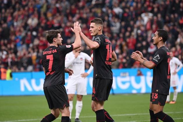 Jubel Jonas Hofmann (Bayer 04 Leverkusen), Patrik Schick (Bayer 04 Leverkusen), Arthur (Bayer 04 Leverkusen), v.li. 08.11.2025, Fussball 1. Bundesliga, Saison 2025 2026, 10. Spieltag, Bayer 04 Leverkusen - 1. FC Heidenheim 6:0 DFL regulations prohibit any use of photographs as image sequences and or quasi-video Leverkusen BayArena Nordrhein Westfalen Deutschland