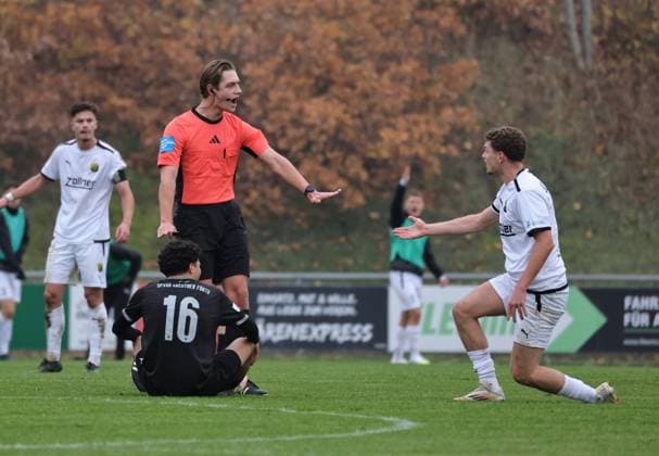 08.11.2025 - Fussball - Saison 2025 2026 - Regionalliga Bayern - 17. Spieltag: SpVgg Greuther Fürth Fuerth II U23 ( Kleeblatt ) - DJK Vilzing - DaMa - xdaxmax - Julian Perl (Schiedsrichter) schlichtet zwischen Mehmet Avlayici (16, SpVgg Greuther Fürth II ) Lukas Schröder (30, DJK Vilzing )