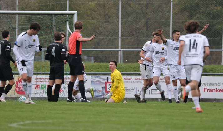 08.11.2025 - Fussball - Saison 2025 2026 - Regionalliga Bayern - 17. Spieltag: SpVgg Greuther Fürth Fuerth II U23 ( Kleeblatt ) - DJK Vilzing - DaMa - xdaxmax - Timo Schlieck (1, SpVgg Greuther Fürth II ) enttäuscht Enttäuschung nach Gegentor - Jubel Freude der Mannschaft Team der DJK Vilzing