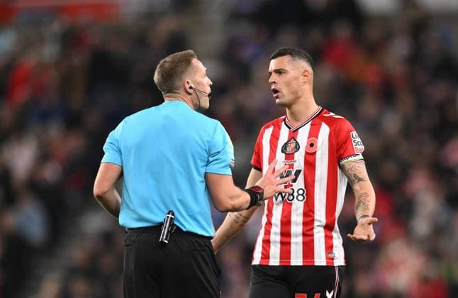 Granit Xhaka of Sunderland protests to the referee Sunderland v Arsenal, Premier League, Football, Stadium of Light, Sunderland, UK - 08 Nov 2025Sunderland Stadium of Light United Kingdom EDITORIAL USE ONLY No use with unauthorised audio, video, data, fixture lists, club league logos or live services. Online in-match use limited to 120 images, no video emulation. No use in betting, games or single club league player publications.  Copyright: xRichardxLee Shutterstockx 15702163x