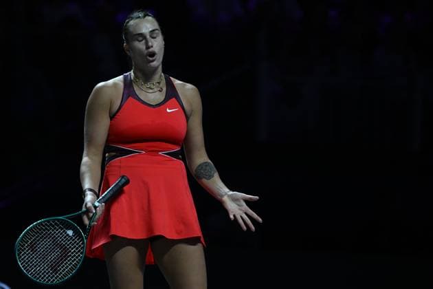 Aryna Sabalenka v Elena Rybakina - WTA, Tennis Damen Finals 2025 RIYADH, SAUDI ARABIA - NOVEMBER 8: Aryna Sabalenka reacts during her Singles Final match of the 2025 WTA Finals against Elena Rybakina (not seen) of Kazakhstan, part of the Hologic WTA Tour, at King Saud University Indoor Arena in Riyadh, Saudi Arabia, on November 8, 2025. Artur Widak Anadolu Riyadh Saudi Arabia. Editorial use only. Please get in touch for any other usage.  Copyright: x2025xAnadoluxArturxWidakx
