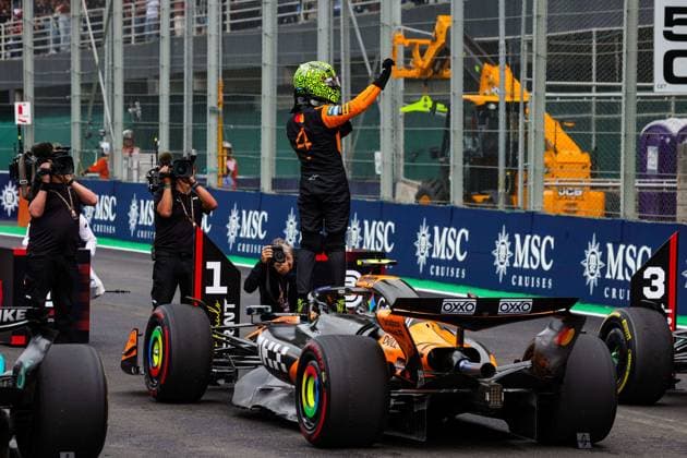 F1 - SAO PAULO GRAND PRIX 2025 NORRIS Lando (gbr), McLaren F1 Team MCL39, portrait celebrating in parc ferme of sprint race during the 2025 Formula 1 Grande Premio de Sao Paulo, 2025 Sao Paulo Grand Prix, 21th round of the 2025 FIA Formula One World Championship, WM, Weltmeisterschaft from November 7 to 9, 2025 on the Interlagos, in Sao Paulo, Brazil - Sao PauloBrazil  Copyright: xFLORENTxGOODENx