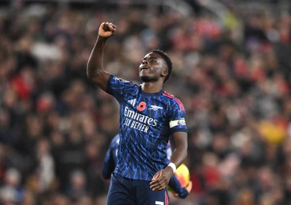 Bukayo Saka of Arsenal celebrates scoring their first goal Sunderland v Arsenal, Premier League, Football, Stadium of Light, Sunderland, UK - 08 Nov 2025Sunderland Stadium of Light United Kingdom EDITORIAL USE ONLY No use with unauthorised audio, video, data, fixture lists, club league logos or live services. Online in-match use limited to 120 images, no video emulation. No use in betting, games or single club league player publications.  Copyright: xRichardxLee Shutterstockx 15702163au