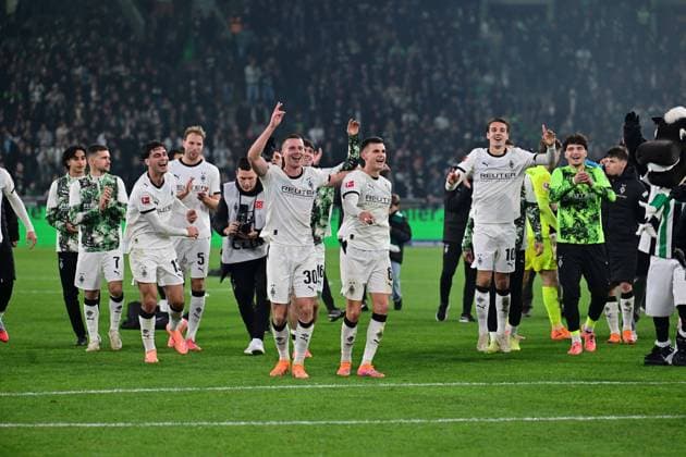 08.11.2025; Moenchengladbach; Fussball, Herren, Saison 2025 2026, Borussia Moenchengladbach vs. 1. FC Koeln Riesenjubel nach Spielende bei den Gladbachern DFL regulations prohibit any use of photographs as image sequences and or quasi-video. Borussia-Park NRW Deutschland