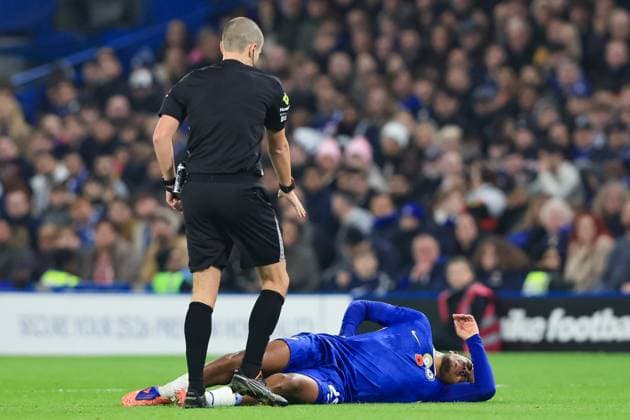 8th November 2025; Stamford Bridge, Chelsea, London, England: Premier League Football, Chelsea versus Wolverhampton Wanderers; Joao Pedro of Chelsea on the ground injured  IanxStephen