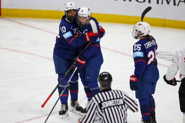 November 8th 2025: Team USA forward Hilary Knight (21) and defenseman Laila Edwards (10) celebrate a goal in the second period in a game against Team Canada. Team USA WomenÃ¢â‚¬â ¢s national team, Nationalteam hosted the Canadian WomenÃ¢â‚¬â ¢s National Team in a Canada USA Rivalry Series game at Key Bank Center in Buffalo, New York. ( CSM) - ZUMAc04_ 20251108_zma_c04_457 Copyright: xJonathanxTencax