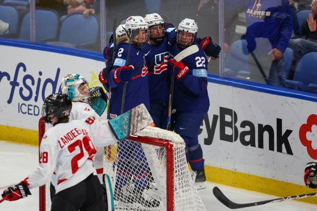 November 8th 2025: Team USA players celebrate a goal in the second period in a game against Team Canada. Team USA WomenÃ¢â‚¬â ¢s national team, Nationalteam hosted the Canadian WomenÃ¢â‚¬â ¢s National Team in a Canada USA Rivalry Series game at Key Bank Center in Buffalo, New York. ( CSM) - ZUMAc04_ 20251108_zma_c04_500 Copyright: xJonathanxTencax