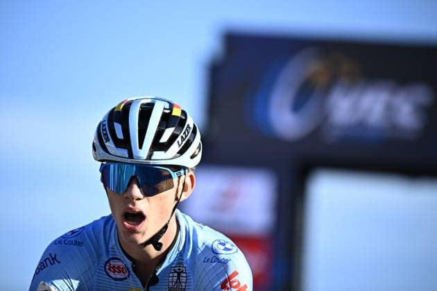 Belgian Giel Lejeune crosses the finish line as third at the junior men race at the UEC Cyclocross European Championships, Sunday 09 November 2025, in Middelkerke. JASPERxJACOBS  x140391228x