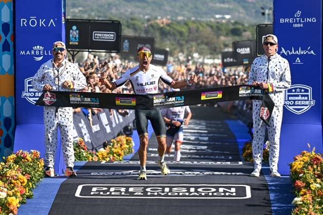 Belgian Jelle Geens is pictured winning another Ironman 70.3 World Championship, WM, Weltmeisterschaft title, in Marbella, Spain, on Sunday 09 November 2025. Geens wins another Ironman 70.3 world championship title ahead of Blummenfelt and Stornes. DAVIDxPINTENS  x140391830x