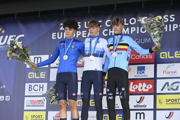 2025 UEC Cyclo-Cross EC - Men Juniors MIDDELKERKE, BELGIUM - NOVEMBER 09 : Lejeune Giel (BEL), Grigolini Filippo (ITA), Pezzo Rosola Patrik (ITA) on the podium during the 2025 UEC Cyclo-Cross European Championships for Men Juniors on November 09, 2025 in Middelkerke, Belgium, 09 11 2025 Middelkerke Belgium  Copyright: xNicoxVereeckenx