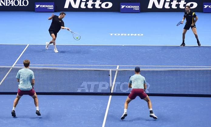 November 9, 2025, Turin, Italy: Marcel Granollers of Spain and Horacio Zeballos of Argentina plays match against Kevin Krawietz og Germany and Tim Puetz of Germany during the match of Nitto ATP, Tennis Herren Finals in Turin, 9 november 2025 ANSA ALESSANDRO DI MARCO. Nitto ATP Finals, Al Via A Torino Il Torneo Dei Migliori Al Mondo  - ZUMAa110 20251109_zaf_a110_023 Copyright: xAlessandroxDixMarcox