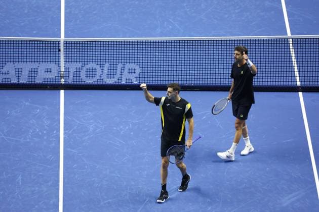 November 9, 2025, Turin, Piedmont, Italy: MARCEL GRANOLLERS and HORACIO ZEBALLOS react to defeating KEVIN KRAWIERTZ and TIM PUETZ in the round robin of the ATP, Tennis Herren Tennis Finals Men s Doublesin Turin, Italy Turin Italy - ZUMAc179 20251109_zep_c179_003 Copyright: xMickaelxChavetx