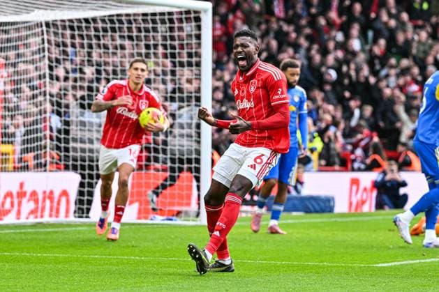 9th November 2025; The City Ground, Nottingham, England; Premier League Football, Nottingham Forest versus Leeds United; Ibrahim Sangare of Nottingham Forest celebrates after scoring in the 15th minute to make the score 1-1  GodfreyxPitt