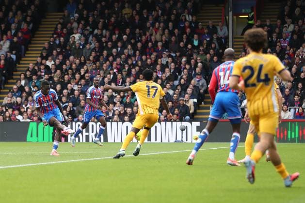 9th November 2025; Selhurst Park, Selhurst, London, England; Premier League Football, Crystal Palace versus Brighton and Hove Albion; Ismaila Sarr of Crystal Palace shoots with the shot saved by goalkeeper Bart Verbruggen of Brighton &amp; Hove Albion  KatiexChan