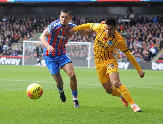 Football - 2025 2026 Premier League - Crystal Palace vs Brighton & Hove Albion - Selhurst Park - Sunday 9th November 2025 Daniel Munoz of Palace and Diego Gomez of Brighton 