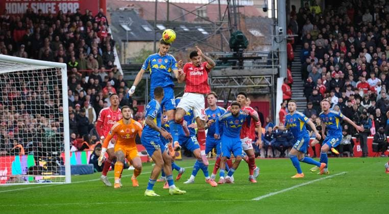 Anton Stach of Leeds United clears the ball during the Premier league football match between Nottingham Forest and Leeds United at City Ground in Nottingham. Copyright: xPaulxBonser SportsxPressxPhotox Sportspressphoto_SPR59591