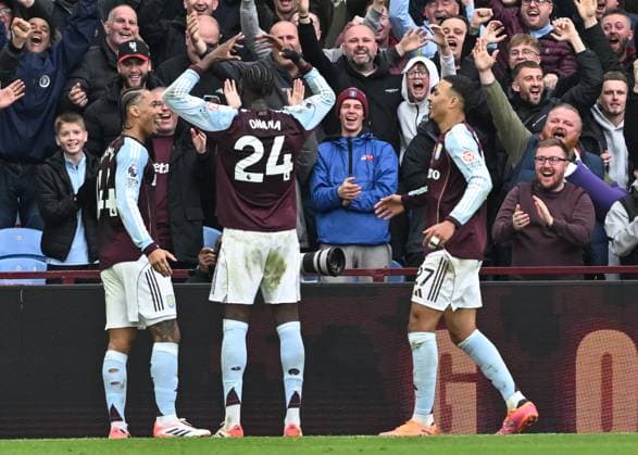 Birmingham, England, 9th November 2025. Amadou Onana of Aston Villa celebrates scoring his sides second goal during the Aston Villa vs AFC Bournemouth Premier League match at Villa Park, Birmingham. Picture credit should read: Cody Froggatt Sportimage EDITORIAL USE ONLY. No use with unauthorised audio, video, data, fixture lists, club league logos or live services. Online in-match use limited to 120 images, no video emulation. No use in betting, games or single club league player publications. SPI_027_CF_ASTON_VILLA_V_BOURNEMOUTH SPI-4279-0025