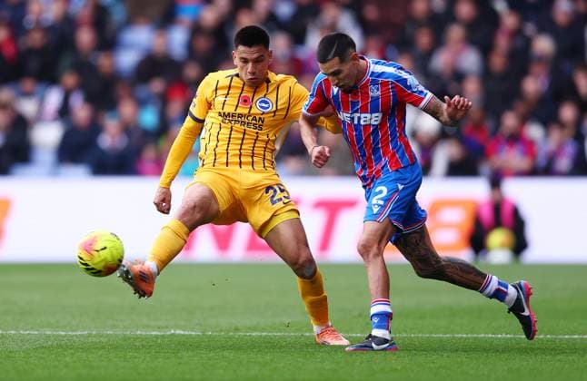 London, England, 9th November 2025. Diego Gomez of Brighton and Hove Albion and Daniel Munoz of Crystal Palace challenge for the ball during the Crystal Palace vs Brighton and Hove Albion Premier League match at Selhurst Park, London. Picture credit should read: Paul Terry Sportimage EDITORIAL USE ONLY. No use with unauthorised audio, video, data, fixture lists, club league logos or live services. Online in-match use limited to 120 images, no video emulation. No use in betting, games or single club league player publications. SPI_015_PT_Crystal_Palace_Brighton SPI-4277-0015