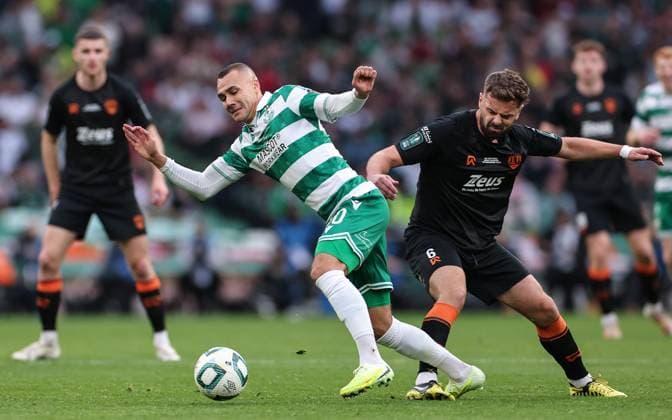 2025 Sports Direct FAI Cup Final, Aviva Stadium, Dublin 9 11 2025 Shamrock Rovers vs Cork City Shamrock Rovers Graham Burke is tackled by Greg Bolger of Cork City Graham Burke is tackled by Greg Bolger 9 11 2025  Copyright: x INPHO BenxBradyx BB3_9969