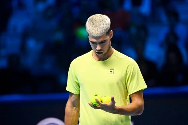 November 9, 2025: Carlos Alcaraz of Spain against Alex de Minaur of Australia during their Men s Single s Nitto ATP, Tennis Herren Finals match during day one of the Nitto ATP Finals at Inalpi Arena on November 9, 2025 in Turin, Italy. - ZUMAg210 20251109_abp_g210_034 Copyright: xStefanoxGuidix