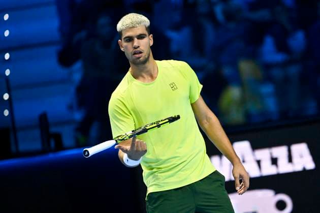 November 9, 2025: Carlos Alcaraz of Spain against Alex de Minaur of Australia during their Men s Single s Nitto ATP, Tennis Herren Finals match during day one of the Nitto ATP Finals at Inalpi Arena on November 9, 2025 in Turin, Italy. - ZUMAg210 20251109_abp_g210_043 Copyright: xStefanoxGuidix