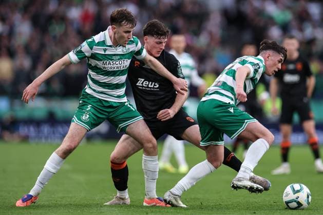 2025 Sports Direct FAI Cup Final, Aviva Stadium, Dublin 9 11 2025 Shamrock Rovers vs Cork City Cork City s Harry Nevin with Matt Healy and Cory O Sullivan of Shamrock Rovers Harry Nevin with Matt Healy and Cory O Sullivan 9 11 2025  Copyright: x INPHO BenxBradyx BB3_0288