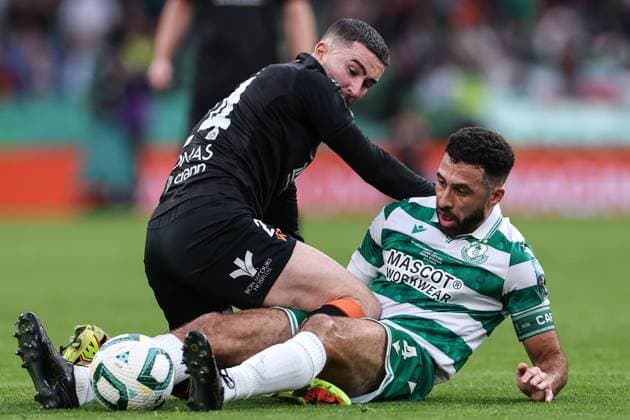 2025 Sports Direct FAI Cup Final, Aviva Stadium, Dublin 9 11 2025 Shamrock Rovers vs Cork City Cork City s Seanie Maguire with Roberto Lopes of Shamrock Rovers Seanie Maguire with Roberto Lopes 9 11 2025  Copyright: x INPHO BenxBradyx BB3_0359