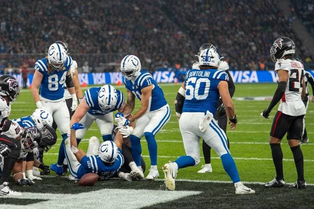 Deutschland, American Football, NFL, American Football Herren, USA Week 10, 2025 2026, Indianapolis Colts - Atlanta Falcons am 09.11. in Berlin (Olympiastadion): Touchdown Colts Taylor Copyright: xSvenxHeidmannx